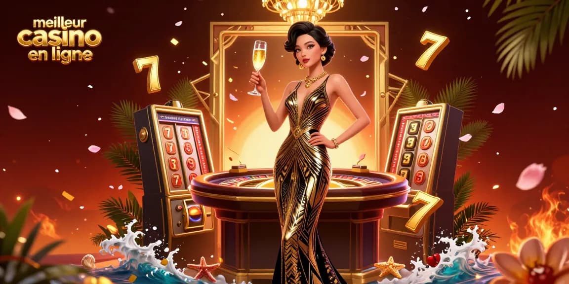 Vivez l'excitation du meilleur casino en ligne avec une illustration glamour présentant des éléments de casino d'esthétique vintage.