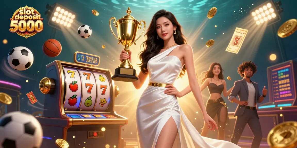 Engage in thrilling slot action with a golden trophy cup showcasing slot deposit 5000 opportunities and vibrant game elements.