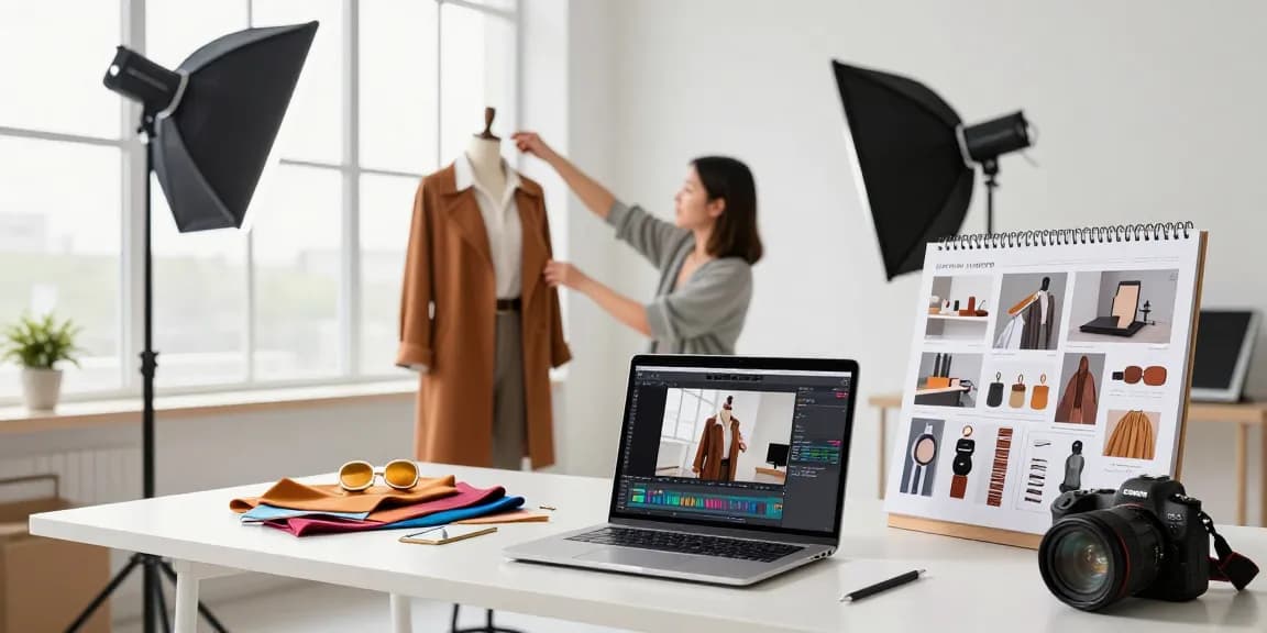 Fotografo ecommerce Milano al lavoro in un moderno studio fotografico, creando immagini professionali per prodotti.