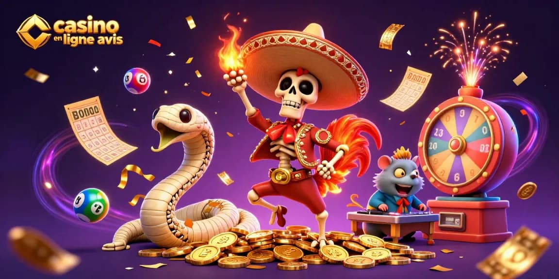 Découvrez les célébrations vibrantes du casino en ligne avis, avec un rooster de mariachi dansant sur des pièces d'or et des jeux dynamiques.