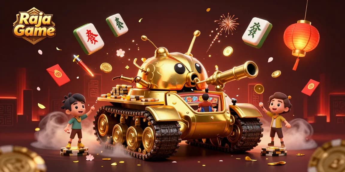 Engage with Raja Game's vibrant casino adventure featuring a golden beetle tank bursting with fun.