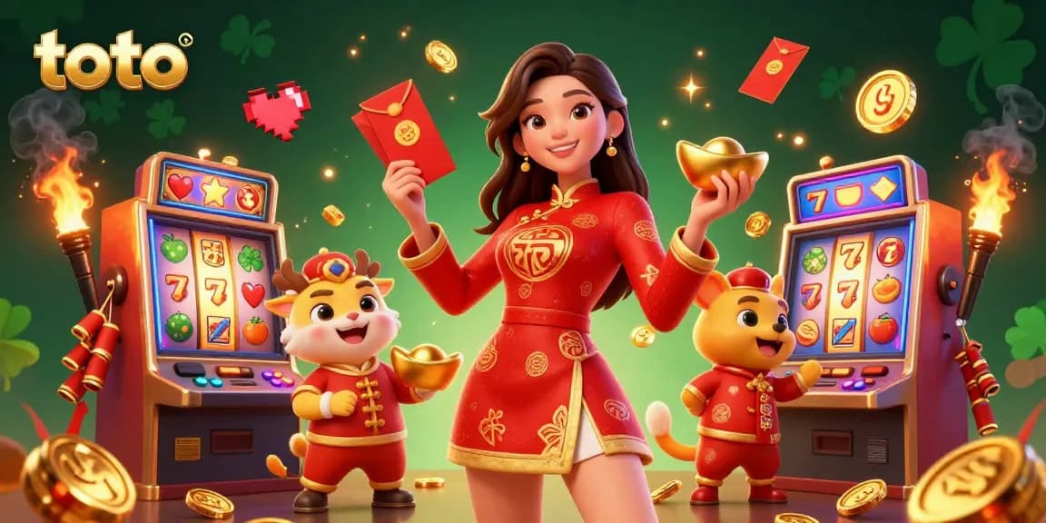 Play and win with toto-themed slot machines surrounded by festive atmosphere in this vibrant illustration.