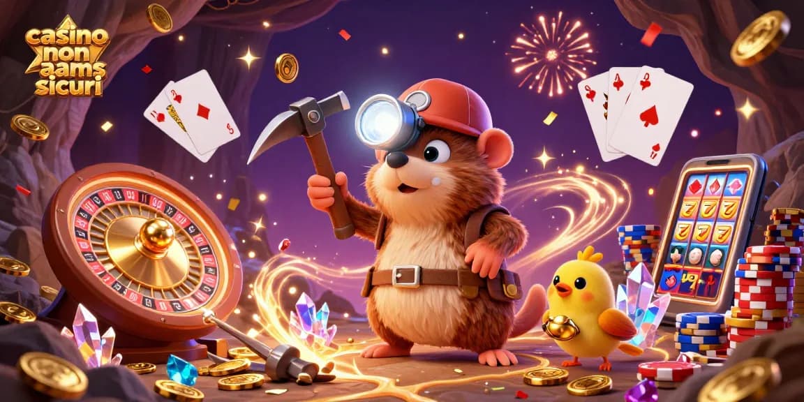 Un cercatore di tesori cerca oro e gemme in un vivace tema di casinò, mostrando l'emozione dei casinò non AAMS sicuri.