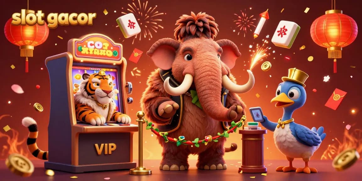 Experience the excitement of slot gacor in this vibrant 3D casino illustration filled with lively characters and festive elements.