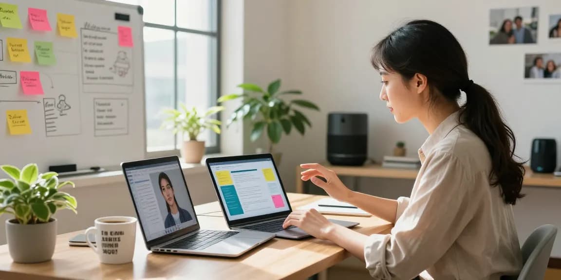Engaging with an AI gf in a modern home office setting, showcasing interaction and innovation.