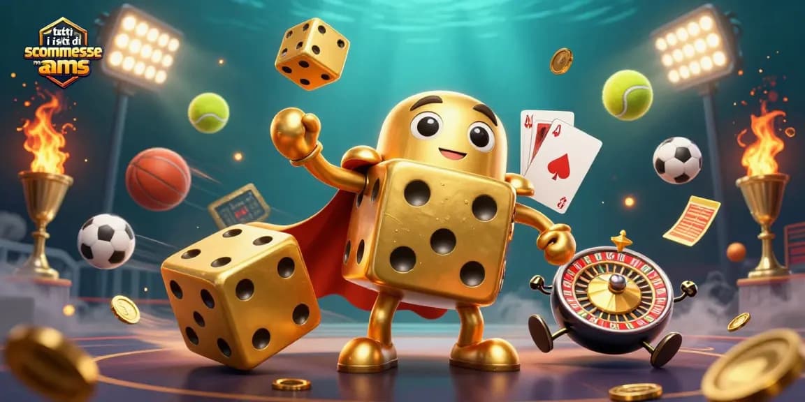 Tutti i siti di scommesse non AAMS celebrati in un'illustrazione 3D vibrante e dettagliata con dadi d'oro e elementi sportivi dinamici.