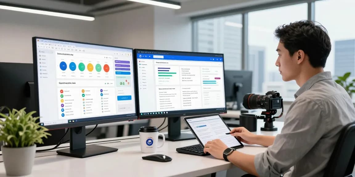 Content strategist analyzing data on telegraimin.com in a modern workspace with multiple screens and a city view.