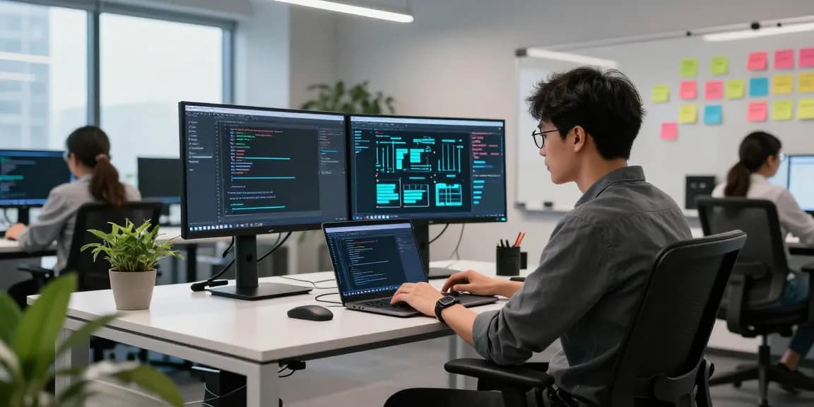 Developer working on NAGA2000 software in a modern office with dual monitors and vibrant visuals.