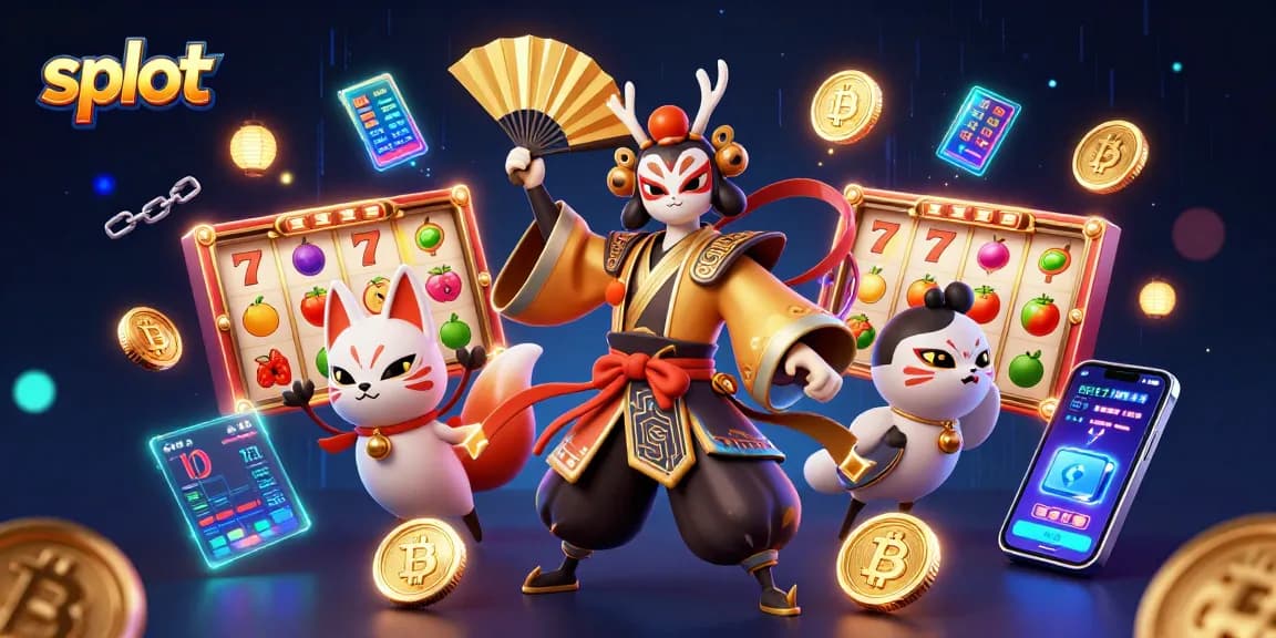 Menangkan slot dengan keberuntungan, dikelilingi simbol jackpot dan koin crypto.