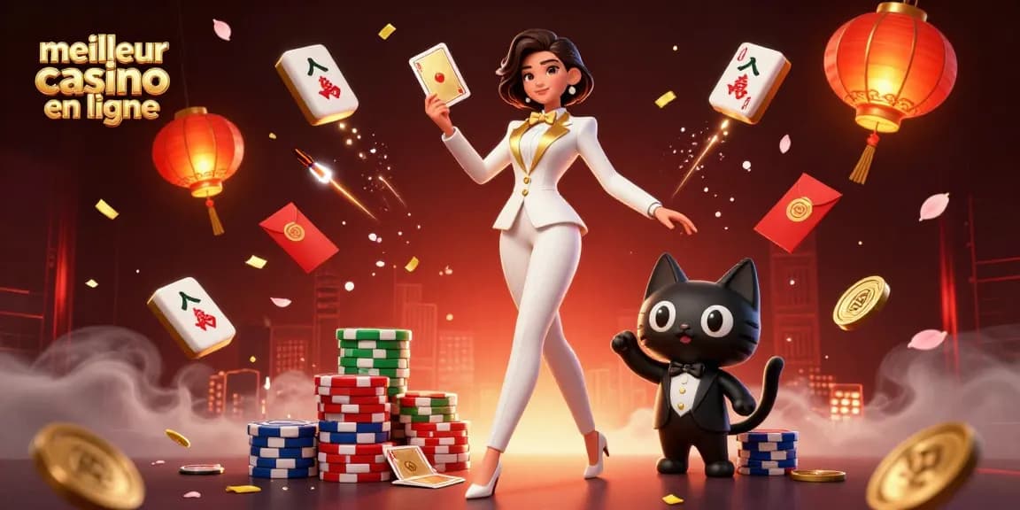 Découvrez l'excitation du meilleur casino en ligne avec un croupier glamour et un chat espiègle au milieu d'éléments de jeu dynamiques.