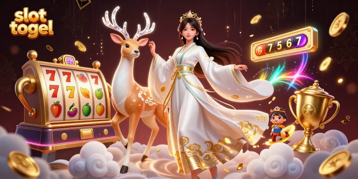 Enjoying slot togel action amidst swirling coins and dynamic game elements in this vibrant casino scene.