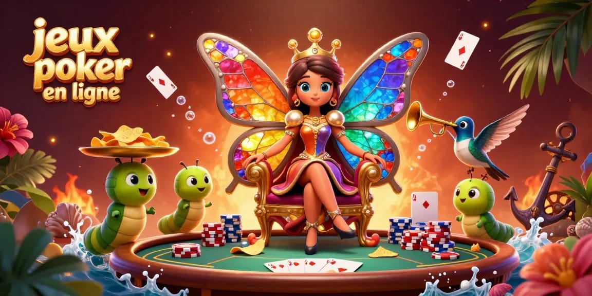 Jouez aux jeux poker en ligne avec des personnages en 3D entourés de jetons et de cartes flottantes