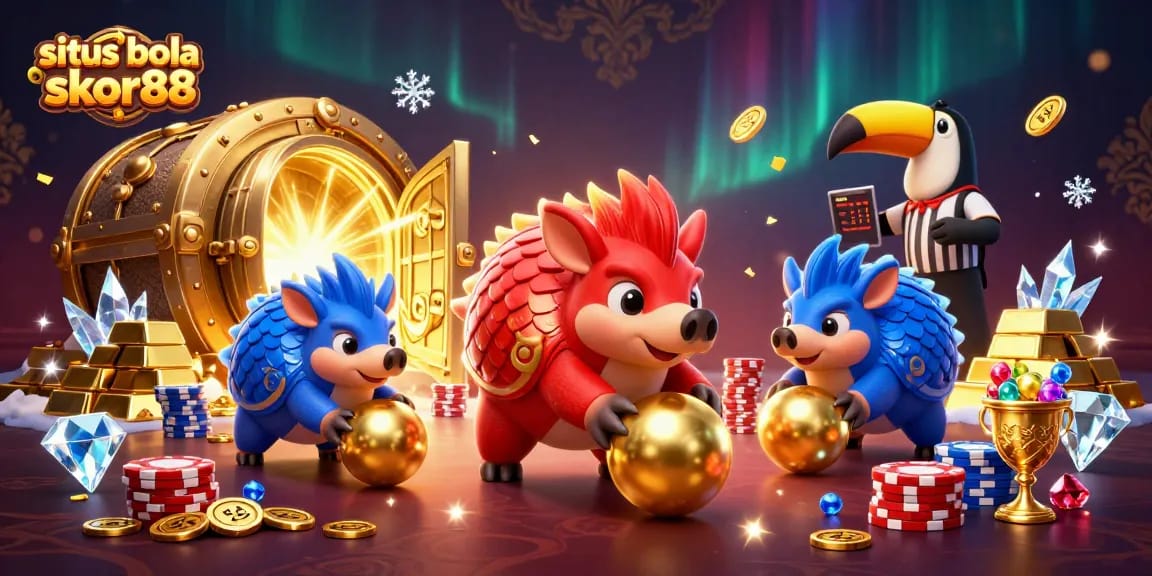 Enjoy thrilling bets at situs bola skor88 with lively pangolins competing in a colorful scene.