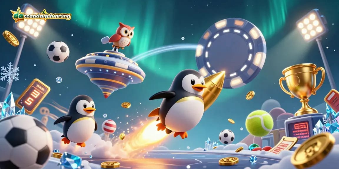 Bet on dacsandatphanrang with a golden penguin navigating a dynamic casino universe.