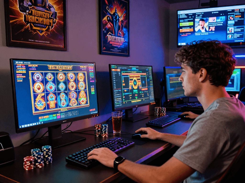 Engaged player at bandar slot gacor online casino, showcasing vibrant gaming setup and thrilling atmosphere.