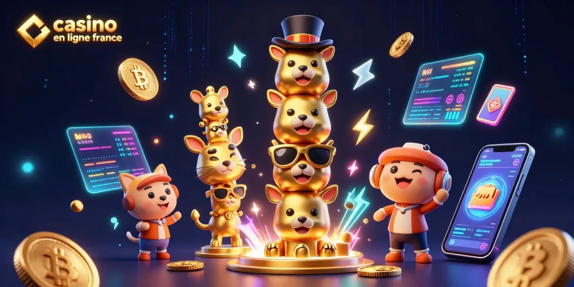 Jouez à casino en ligne France avec une illustration dynamique de totem en 3D et des éléments de jeu.