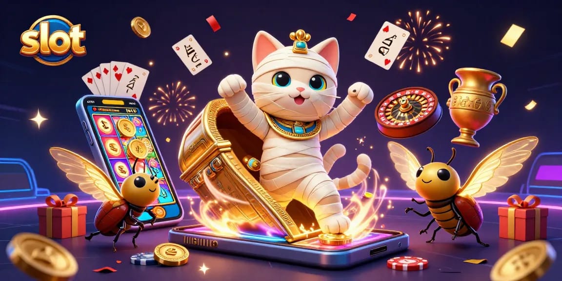 Spin the reels of thrilling slot games with an Egyptian mummy cat in a vibrant casino