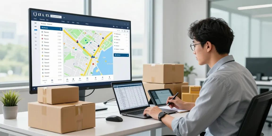 LTL Transport Dortmund: Logistikmanager plant Teilladungen am modernen Schreibtisch mit Echtzeit-Tracking-Dashboard im Hintergrund.