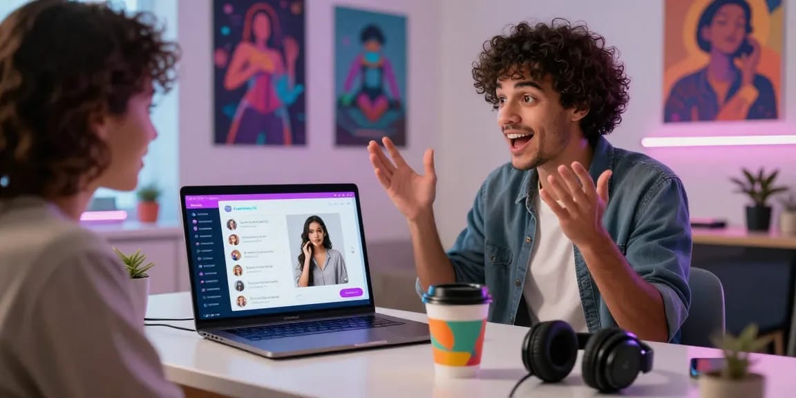 Interactive NSFW AI chat experience on a laptop, showcasing virtual characters and modern digital space.