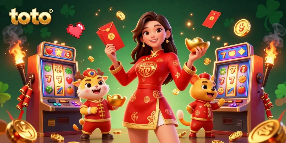 Play and win with toto-themed slot machines surrounded by festive atmosphere in this vibrant illustration.