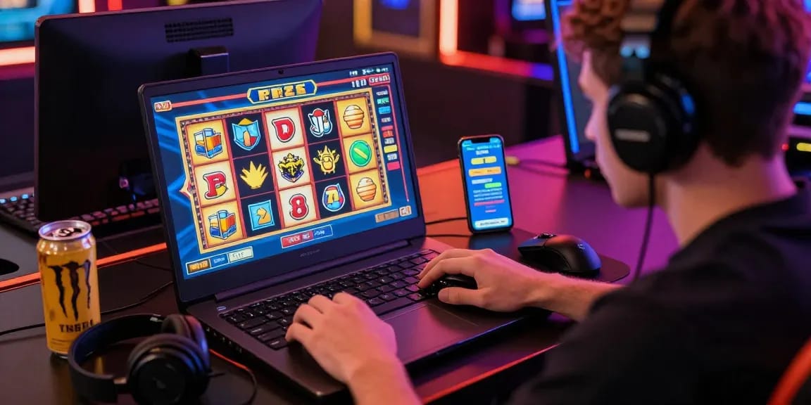 Engaging scene of online gaming with slot deposit 5000 gaming setup, showcasing bright graphics and a focused player.
