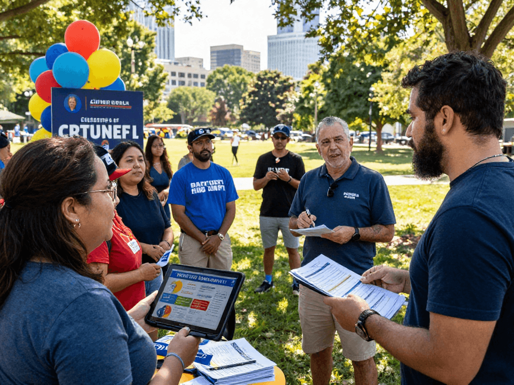 Engaging outdoor scene with a candidate discussing political text messaging service strategies with voters, illustrating effective campaign outreach.