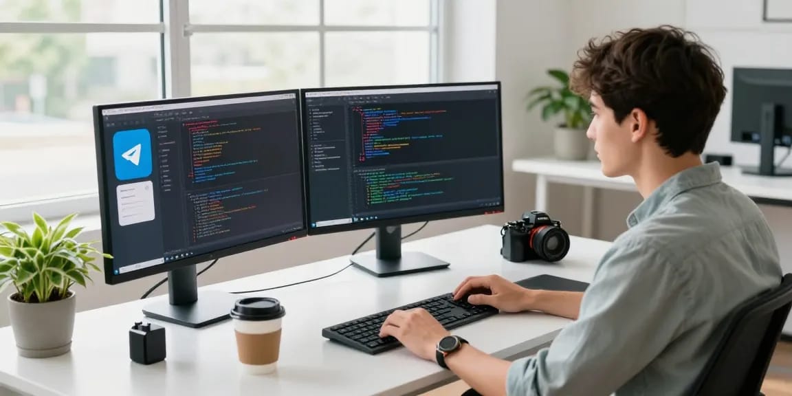 Developer coding on Telegram app in a modern workspace, showcasing 纸飞机中文版.