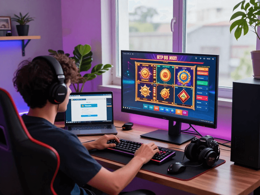 login togel gaming scene with player at a modern setup showcasing vibrant slot games and exciting graphics