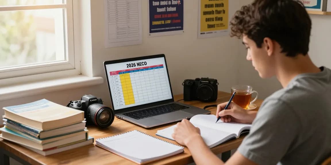 Focused student reviewing the 2026 NECO timetable in a bright study space.