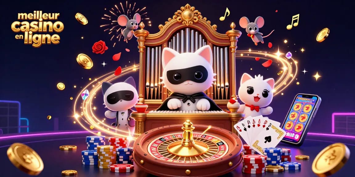 Illustration dynamique du meilleur casino en ligne avec un chat masqué et des éléments de jeu captivants.