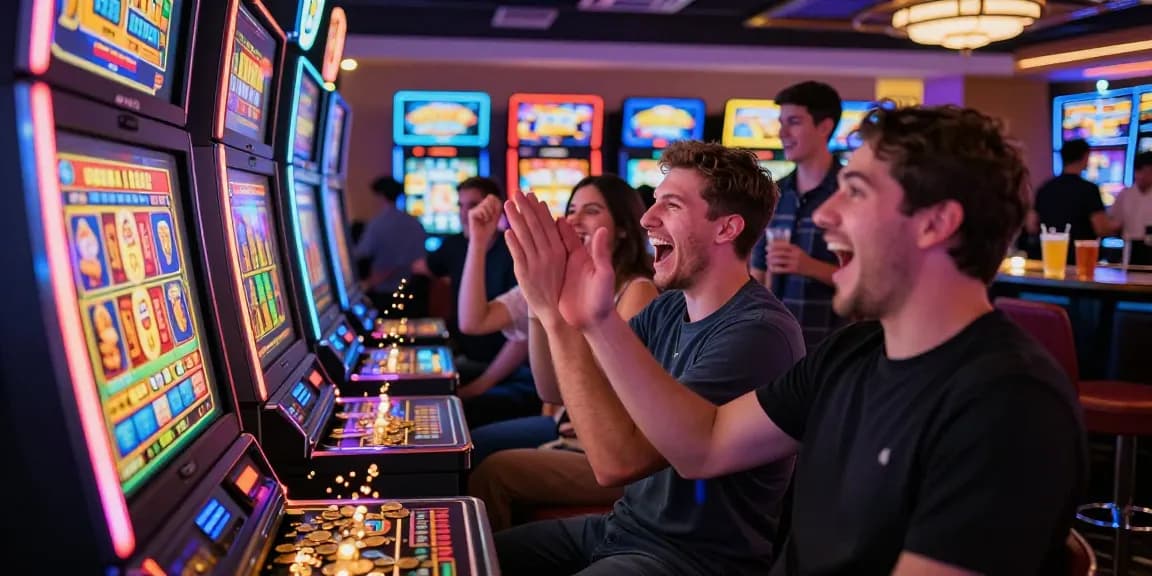 Excited players at a slot machine celebrating a jackpot win in a lively casino.