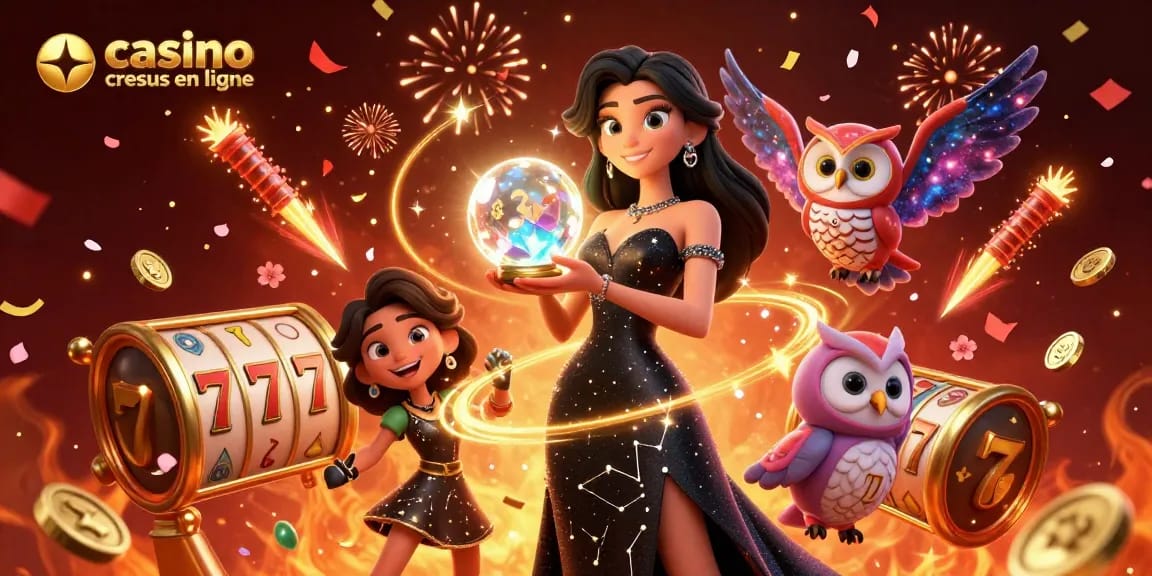 Découvrez l'excitation du casino cresus en ligne avec une illustration époustouflante des éléments de jeu et des personnages.