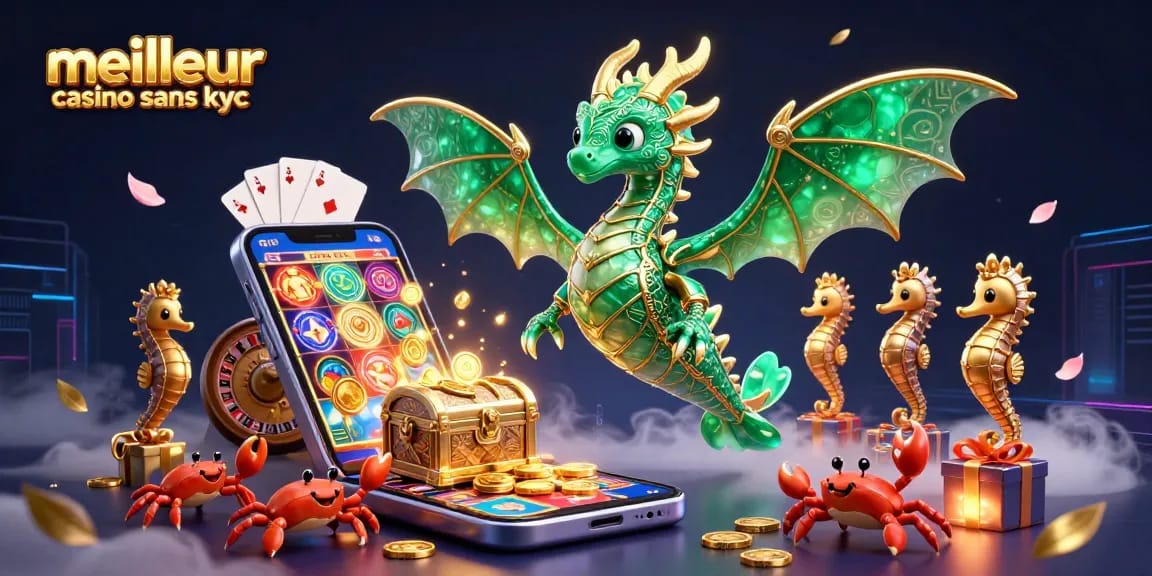 Illustration 3D d'un dragon de mer et un hippocampe gardien autour d'un trésor, représentant le meilleur casino sans KYC.