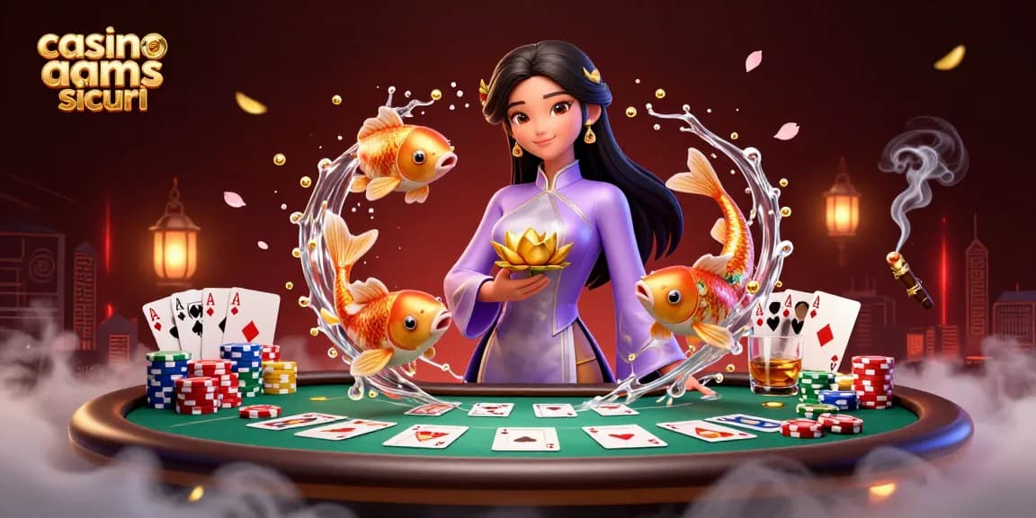 Catturare l'azione emozionante in un casino non aams sicuri con un'elegante donna asiatica e dinamici elementi di poker.