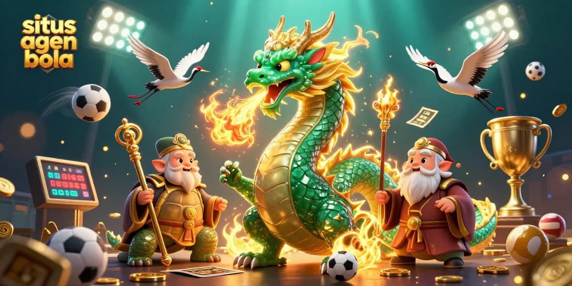 Situs agen bola scene showcasing dragon, turtle sage, and lucky cranes amidst dynamic sports betting elements.
