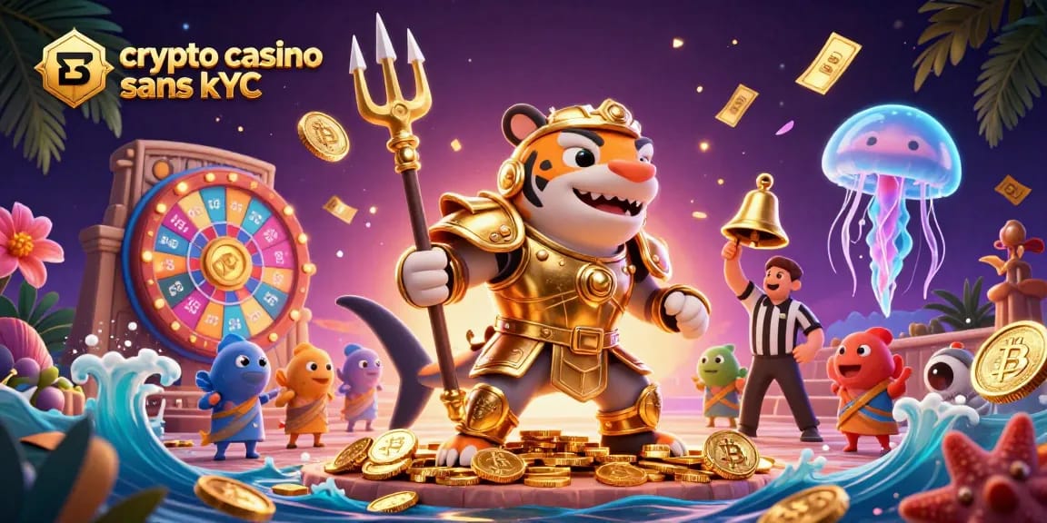 Plongez dans l'univers des jeux avec un crypto casino sans KYC illustré par un requin roi du jeu sous-marin.