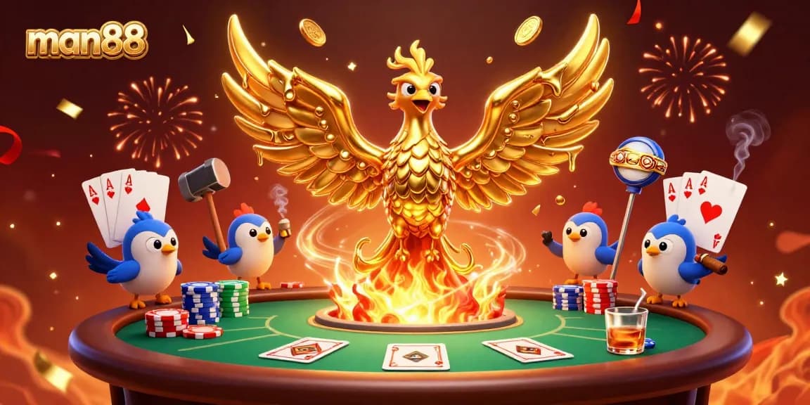 Experience thrilling gameplay at man88 with a spectacular golden phoenix and dynamic poker action.