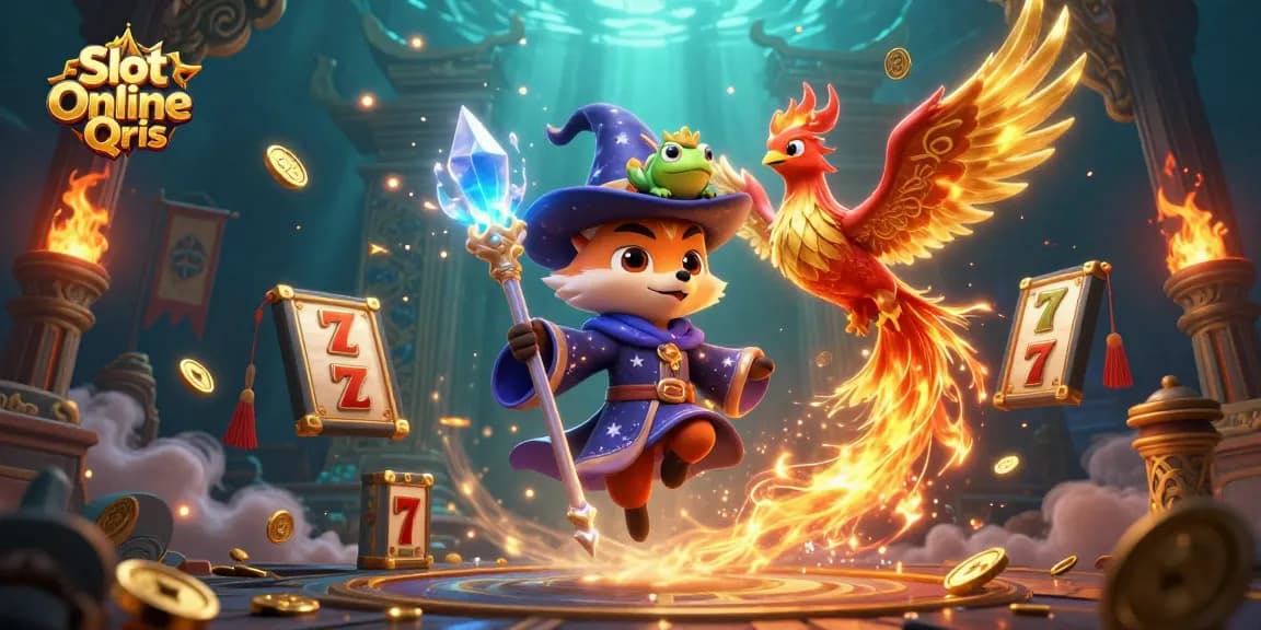 Engaging Slot Online Qris scene featuring a wizard fox and a phoenix amidst slot machine elements.
