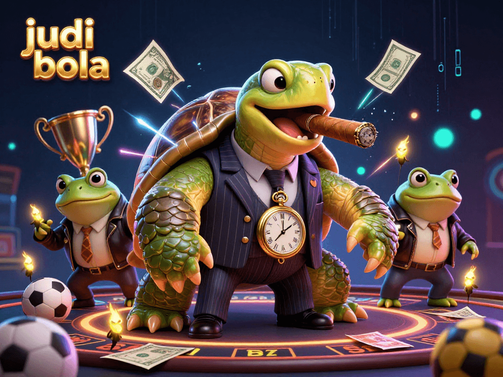 Bet on judi bola with the 3D cartoon snapping turtle mobster and frog enforcers amid dynamic sports elements.