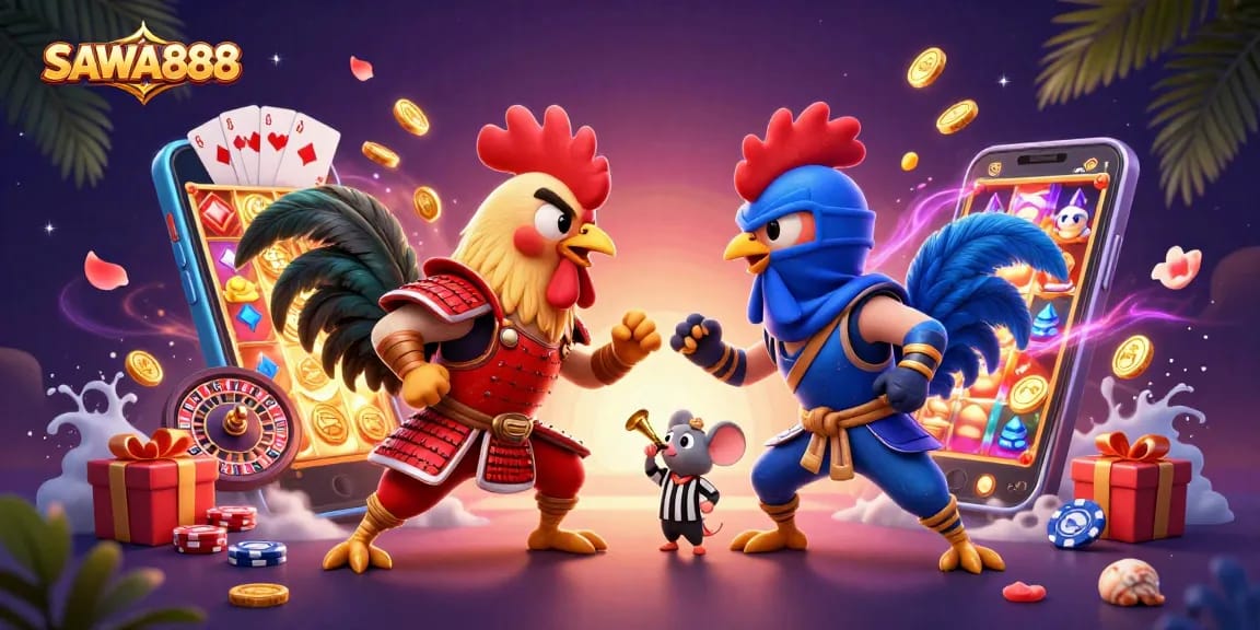 Engage in thrilling casino action with SAWA888, featuring a duel between samurai and ninja roosters amidst gaming excitement.