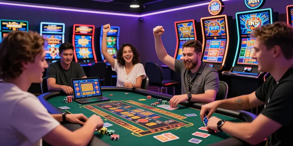 Exciting scene showcasing players at online casinos Australia celebrating wins with vibrant visuals and technology.
