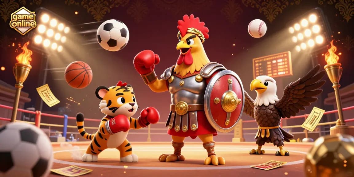 Engage in thrilling game online action with a gladiator rooster and tiger cub in a rich casino arena.