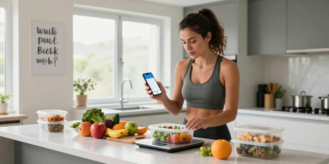 Young woman planning meals with the best AI calorie tracker in a modern kitchen
