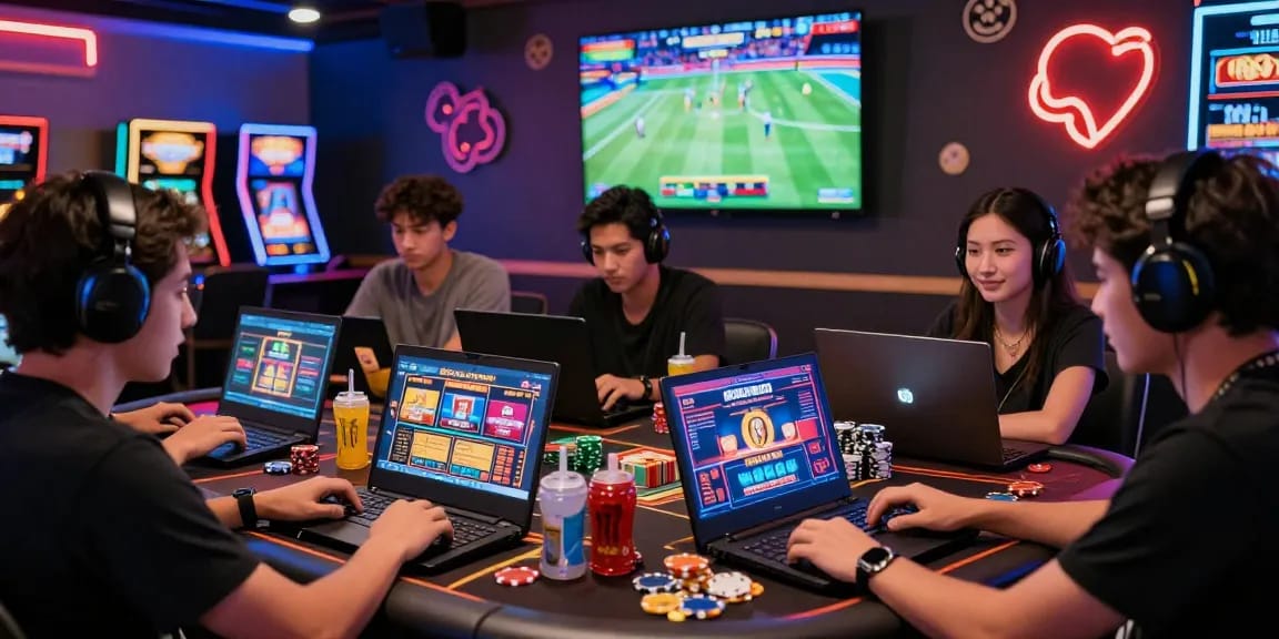 Situs benihtoto gaming session with friends enjoying vibrant online slots and casino games in a lively lounge