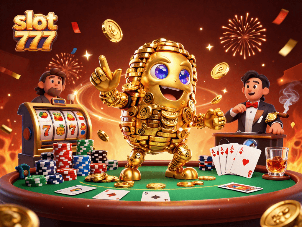 Experience the excitement of slot 777 games with a dynamic 3D illustration showcasing lively casino elements.