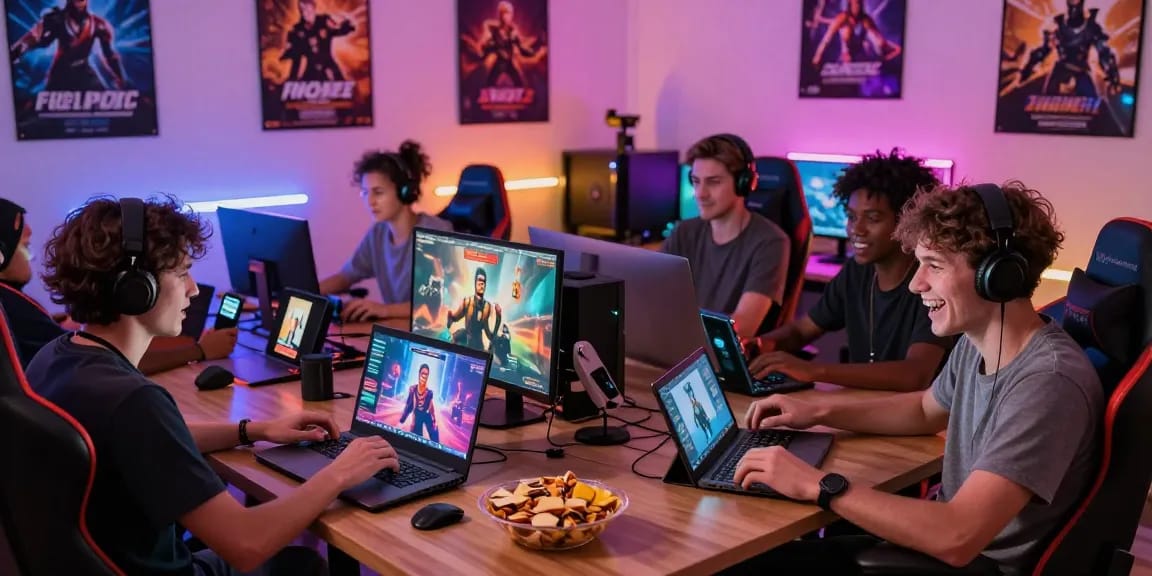 Engaged gamers enjoying porngames on various devices in a cozy room.