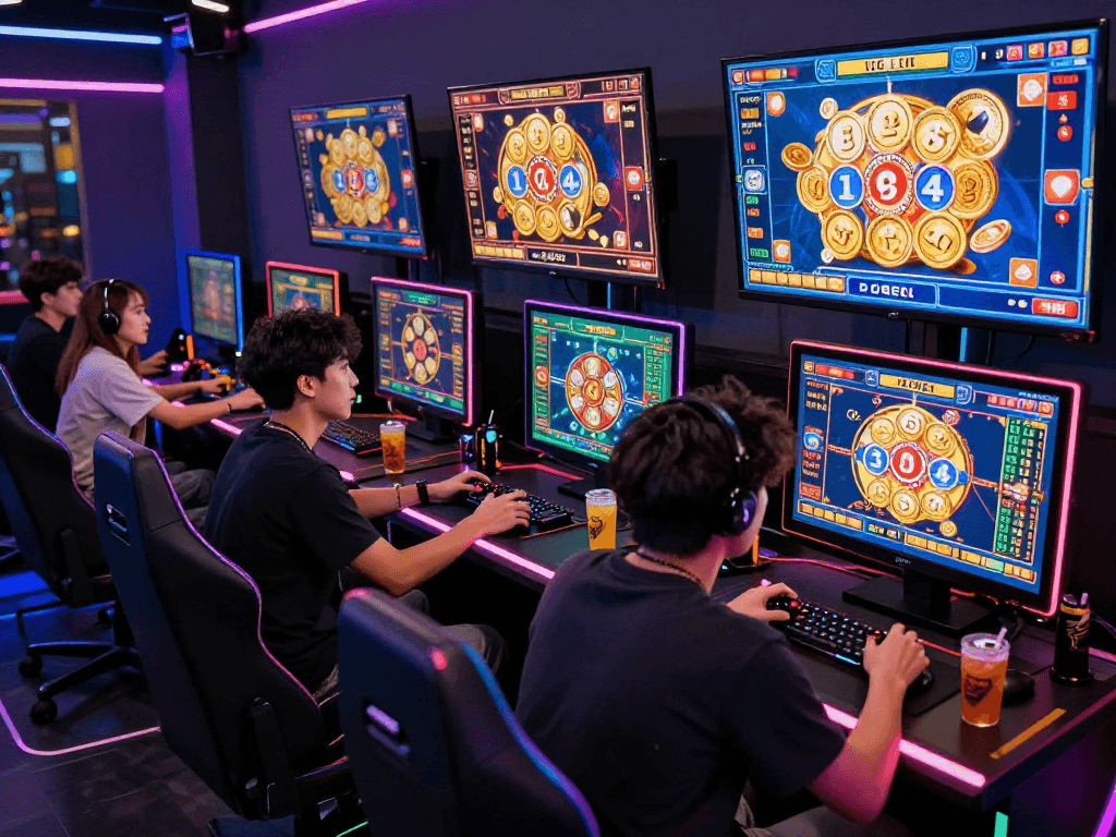 Players enjoying togel 4D games in a vibrant online gaming hub.