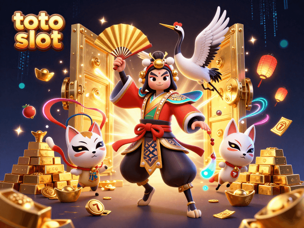 Spin the exciting toto slot reels with vibrant characters and gold treasures highlighted in this 3D illustration.
