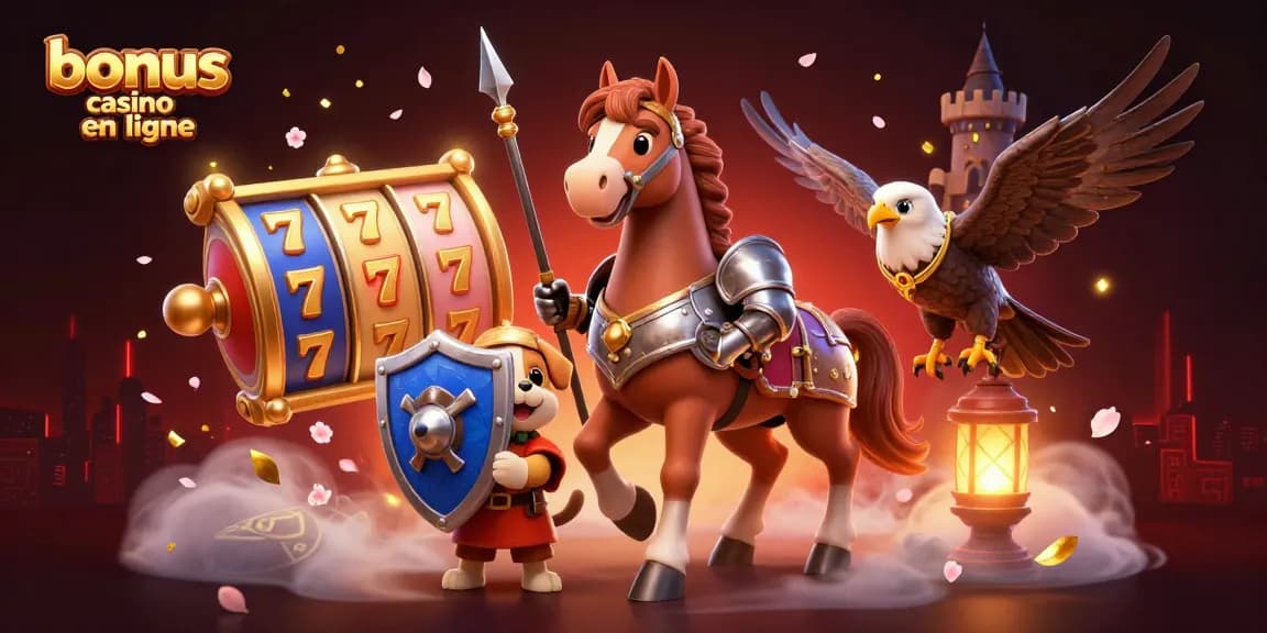 Gagnez des bonus casino en ligne avec des machines à sous colorées et un chevalier en armure.