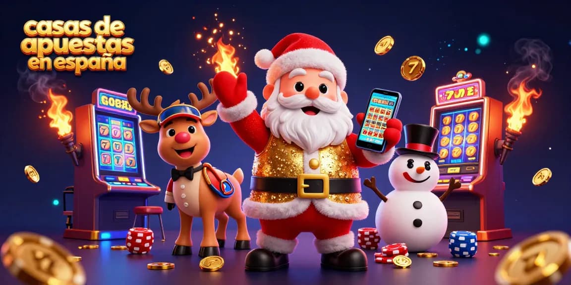 Apuesta en las mejores casas de apuestas en España con una escena dinámica y colorida de un Santa Claus en un casino.